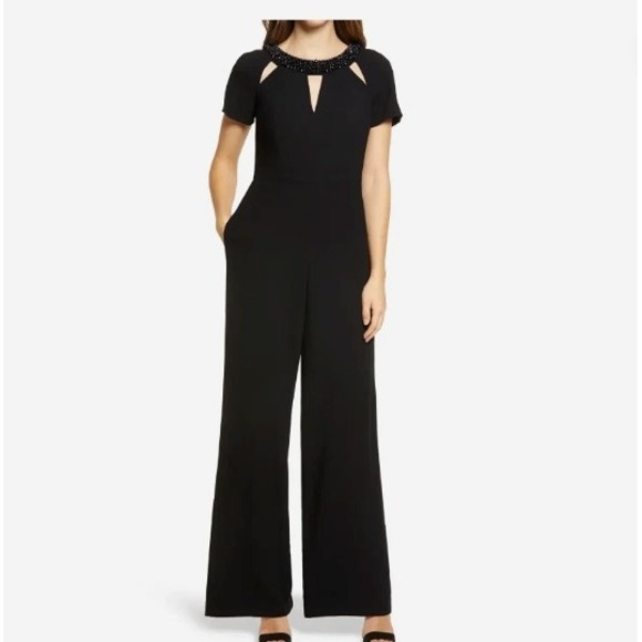 Formal Jumpsuit Black Beaded Short Sleeve Keyhole Wide Leg Womens 10 Cocktail - Picture 2 of 14